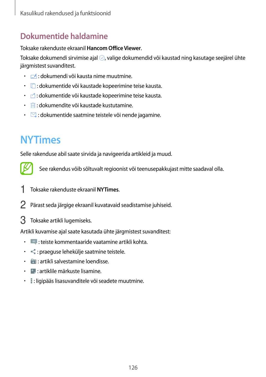 Samsung SM-T805NZWASEB, SM-T805NTSASEB, SM-T805NHAASEB manual NYTimes, Dokumentide haldamine 