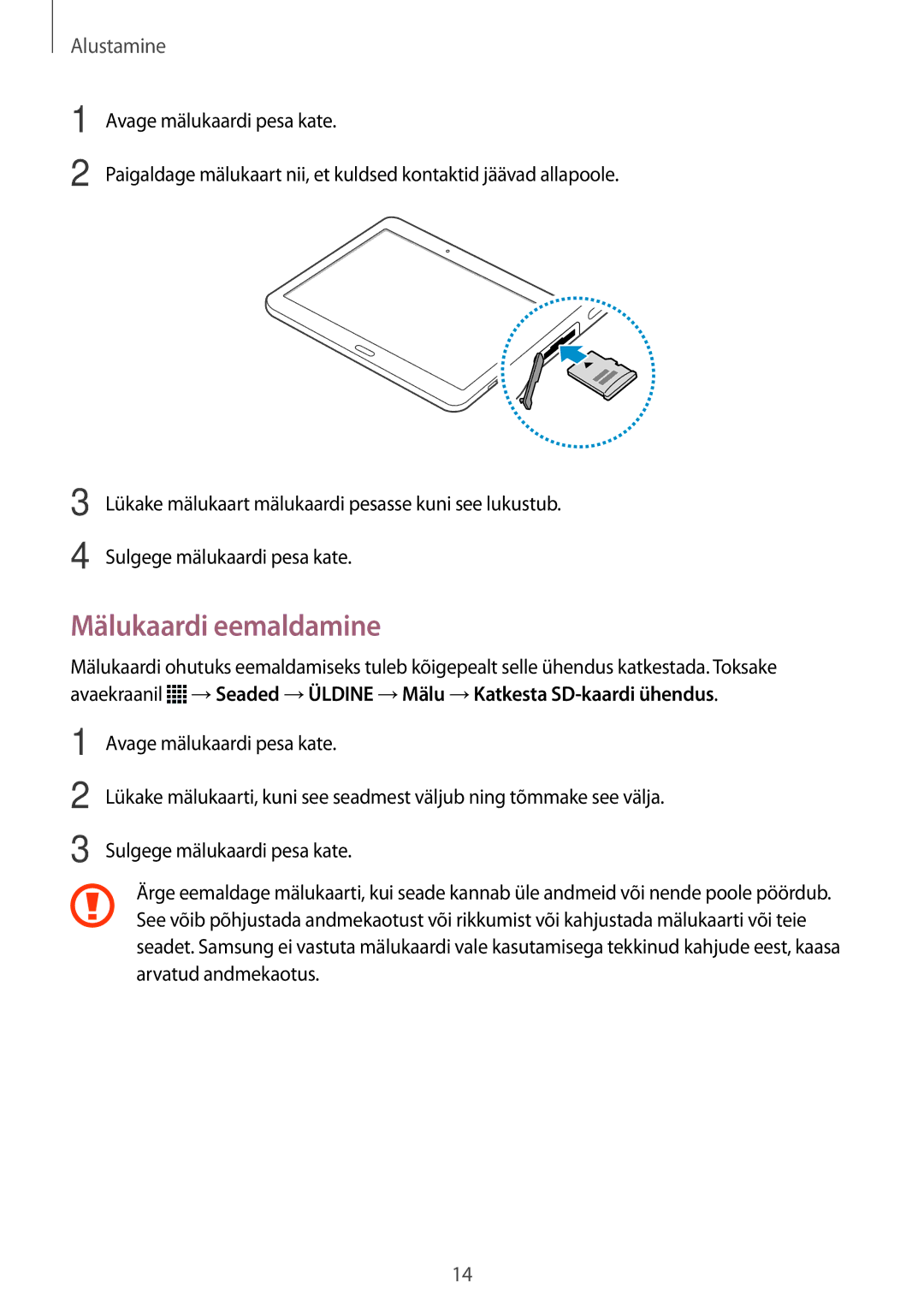 Samsung SM-T805NHAASEB, SM-T805NZWASEB, SM-T805NTSASEB manual Mälukaardi eemaldamine 