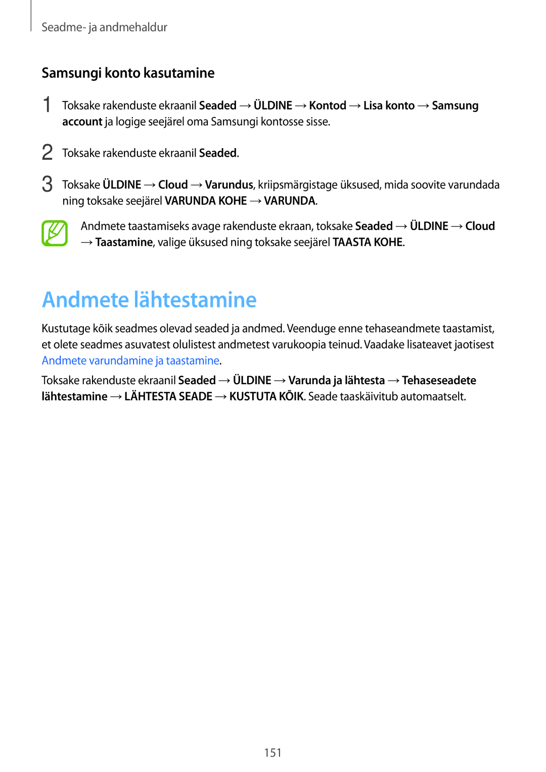 Samsung SM-T805NTSASEB, SM-T805NZWASEB, SM-T805NHAASEB manual Andmete lähtestamine, Samsungi konto kasutamine 