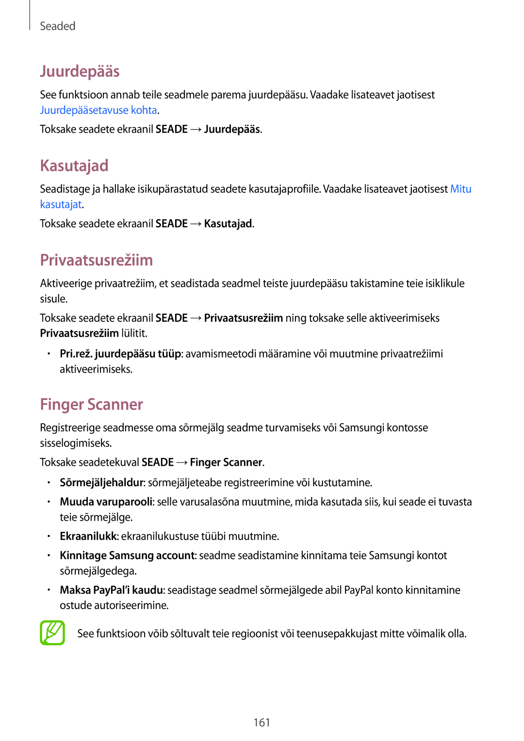 Samsung SM-T805NHAASEB, SM-T805NZWASEB, SM-T805NTSASEB manual Juurdepääs, Kasutajad, Privaatsusrežiim, Finger Scanner 