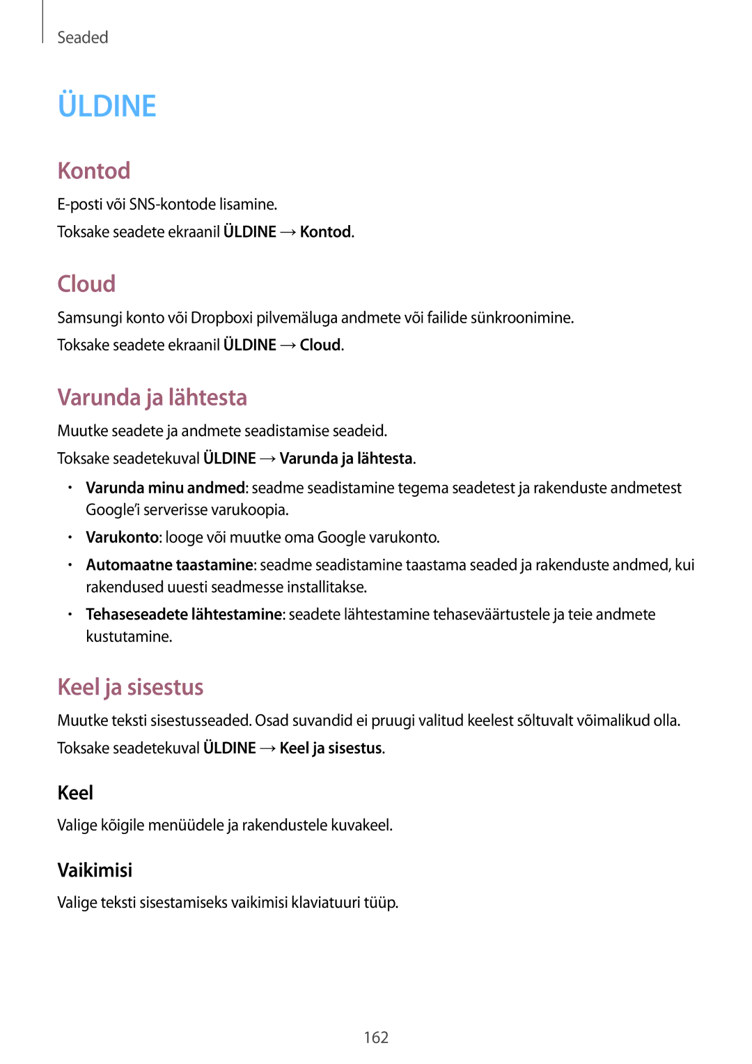 Samsung SM-T805NZWASEB, SM-T805NTSASEB, SM-T805NHAASEB manual Kontod, Cloud, Varunda ja lähtesta, Keel ja sisestus 