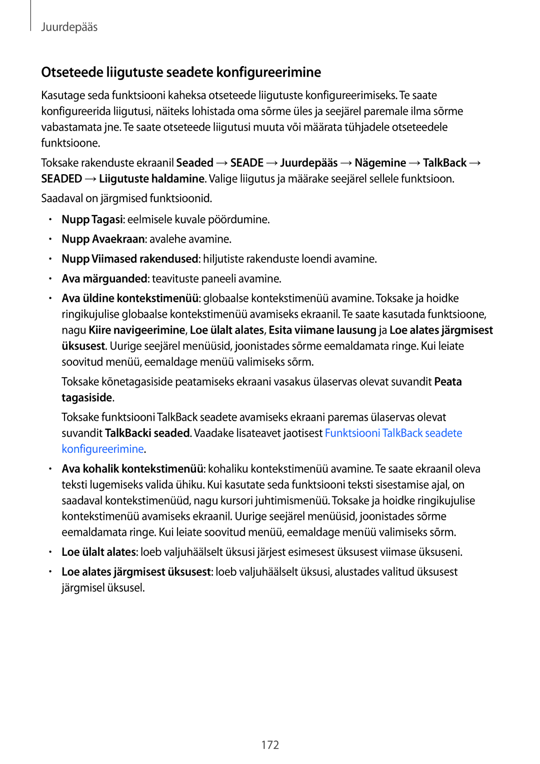 Samsung SM-T805NTSASEB, SM-T805NZWASEB, SM-T805NHAASEB manual Otseteede liigutuste seadete konfigureerimine 