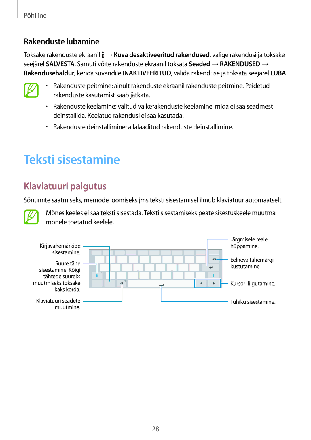 Samsung SM-T805NTSASEB, SM-T805NZWASEB, SM-T805NHAASEB manual Teksti sisestamine, Klaviatuuri paigutus, Rakenduste lubamine 