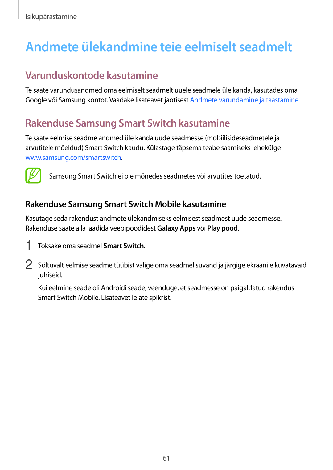 Samsung SM-T805NTSASEB, SM-T805NZWASEB manual Varunduskontode kasutamine, Rakenduse Samsung Smart Switch kasutamine 