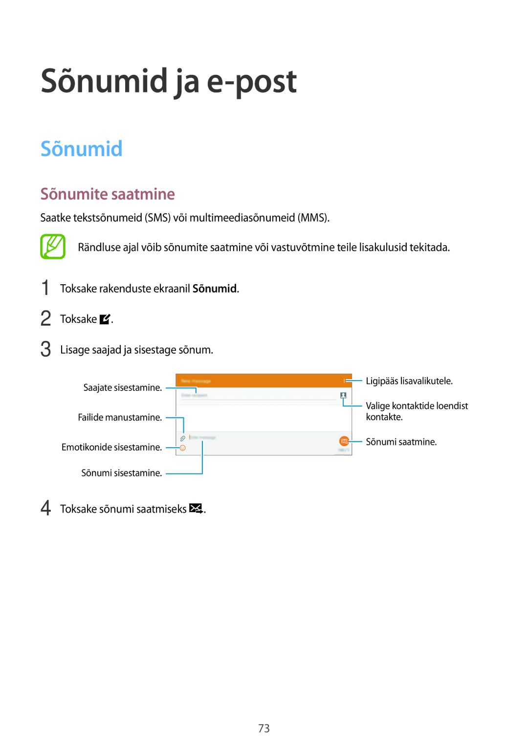 Samsung SM-T805NTSASEB, SM-T805NZWASEB, SM-T805NHAASEB manual Sõnumid ja e-post, Sõnumite saatmine 