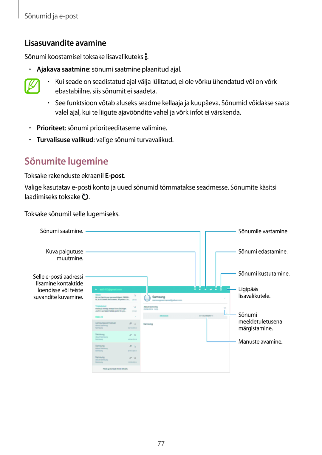 Samsung SM-T805NHAASEB, SM-T805NZWASEB, SM-T805NTSASEB manual Sõnumite lugemine, Lisasuvandite avamine 