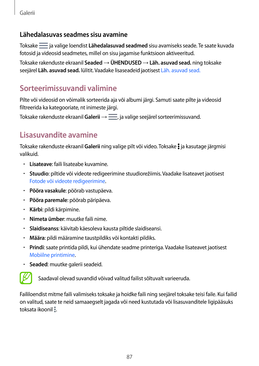 Samsung SM-T805NZWASEB manual Sorteerimissuvandi valimine, Lisasuvandite avamine, Lähedalasuvas seadmes sisu avamine 