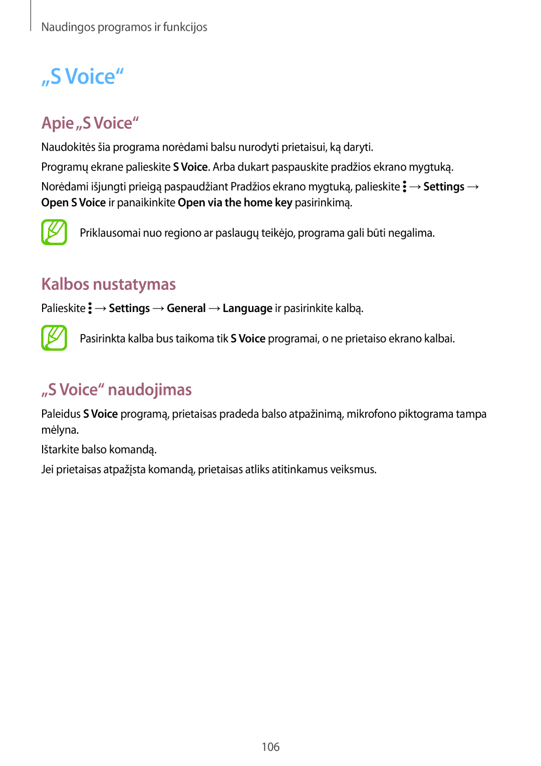 Samsung SM-T805NTSASEB, SM-T805NZWASEB, SM-T805NHAASEB manual Apie„S Voice, Kalbos nustatymas, „S Voice naudojimas 