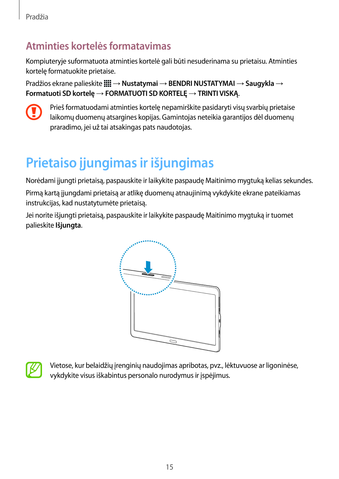 Samsung SM-T805NZWASEB, SM-T805NTSASEB, SM-T805NHAASEB Prietaiso įjungimas ir išjungimas, Atminties kortelės formatavimas 