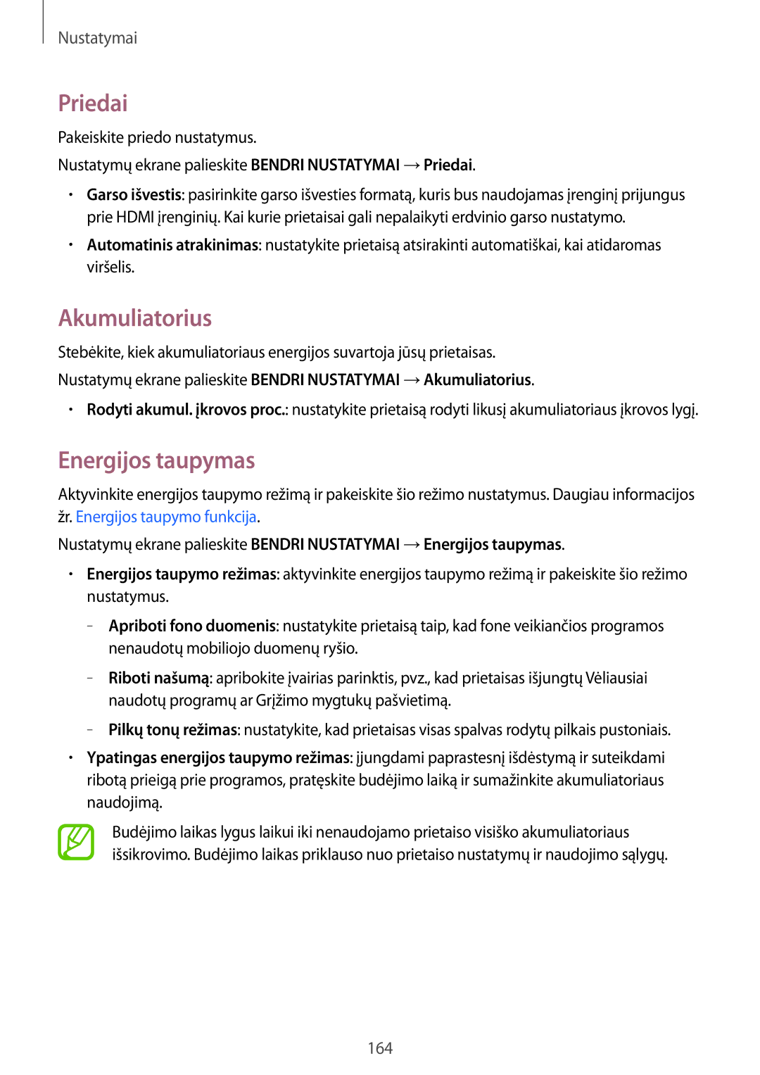 Samsung SM-T805NHAASEB, SM-T805NZWASEB, SM-T805NTSASEB manual Priedai, Akumuliatorius, Energijos taupymas 