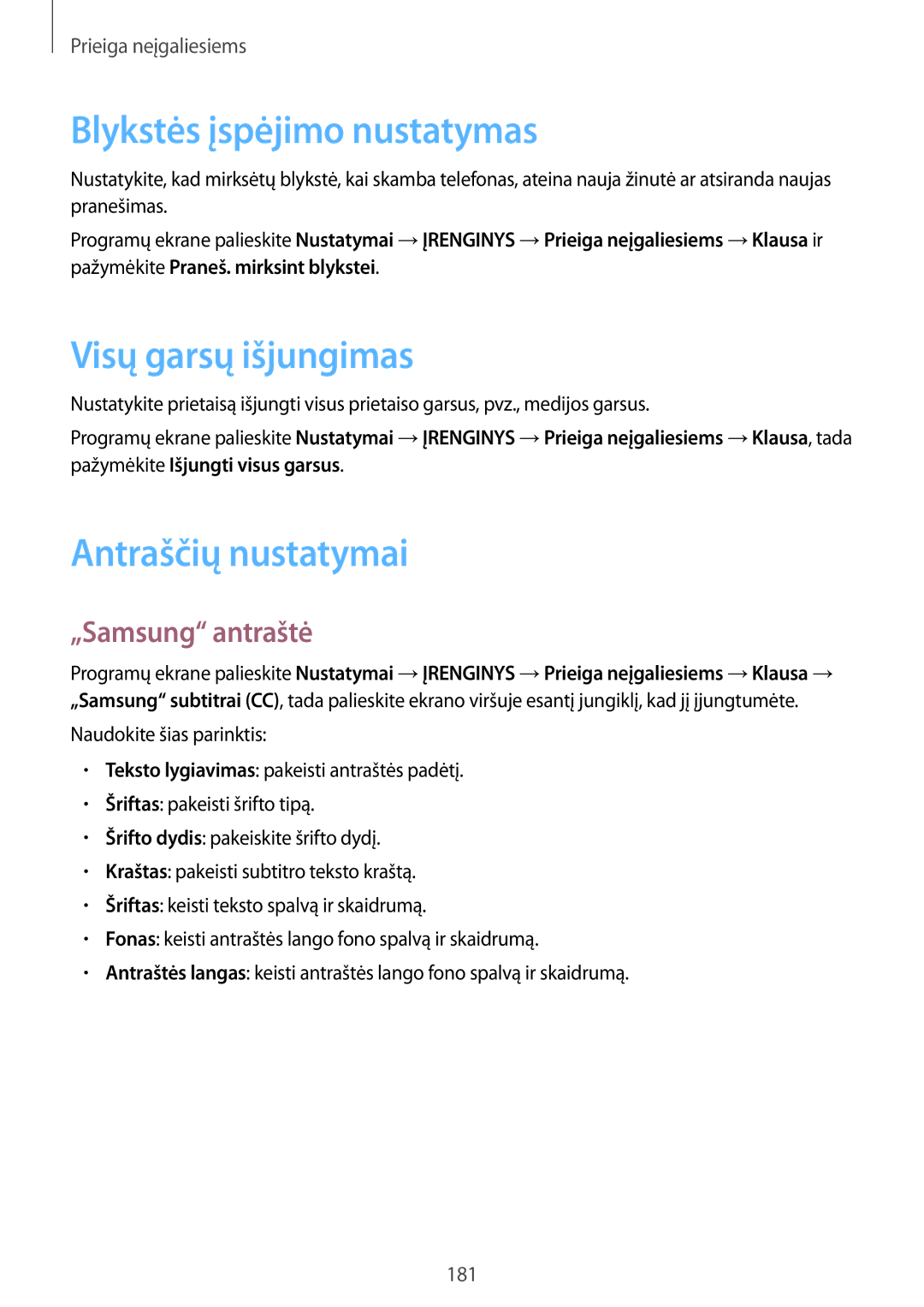 Samsung SM-T805NTSASEB manual Blykstės įspėjimo nustatymas, Visų garsų išjungimas, Antraščių nustatymai, „Samsung antraštė 