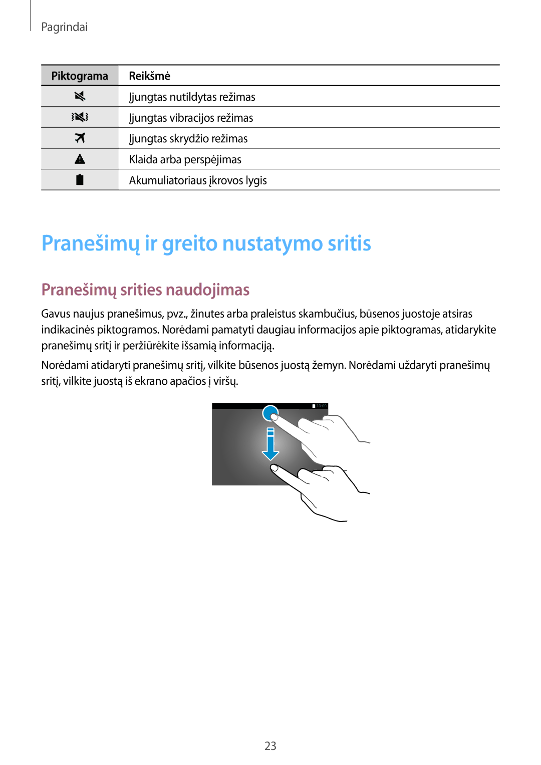 Samsung SM-T805NHAASEB, SM-T805NZWASEB, SM-T805NTSASEB Pranešimų ir greito nustatymo sritis, Pranešimų srities naudojimas 