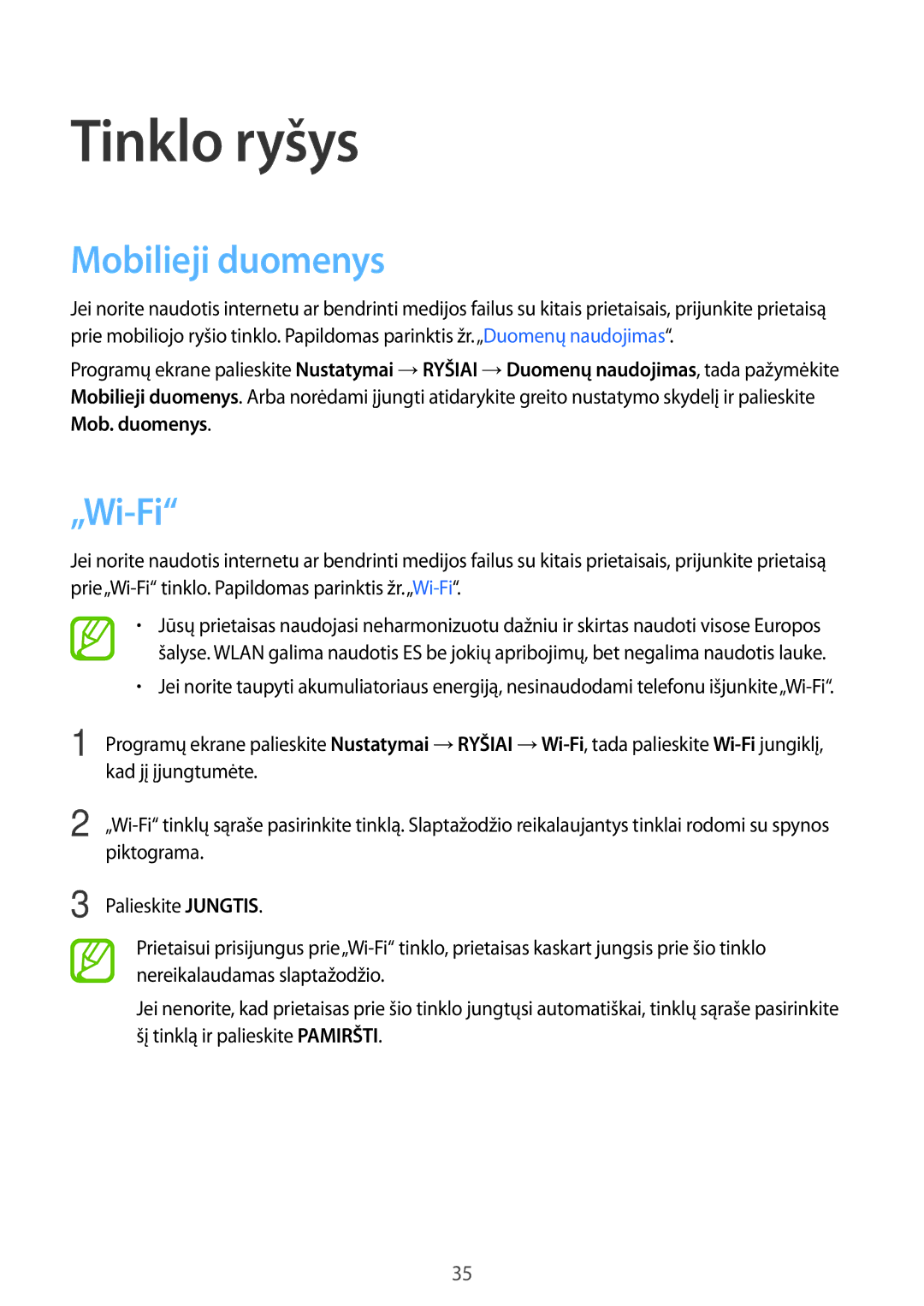 Samsung SM-T805NHAASEB, SM-T805NZWASEB, SM-T805NTSASEB manual Tinklo ryšys, Mobilieji duomenys, „Wi-Fi 