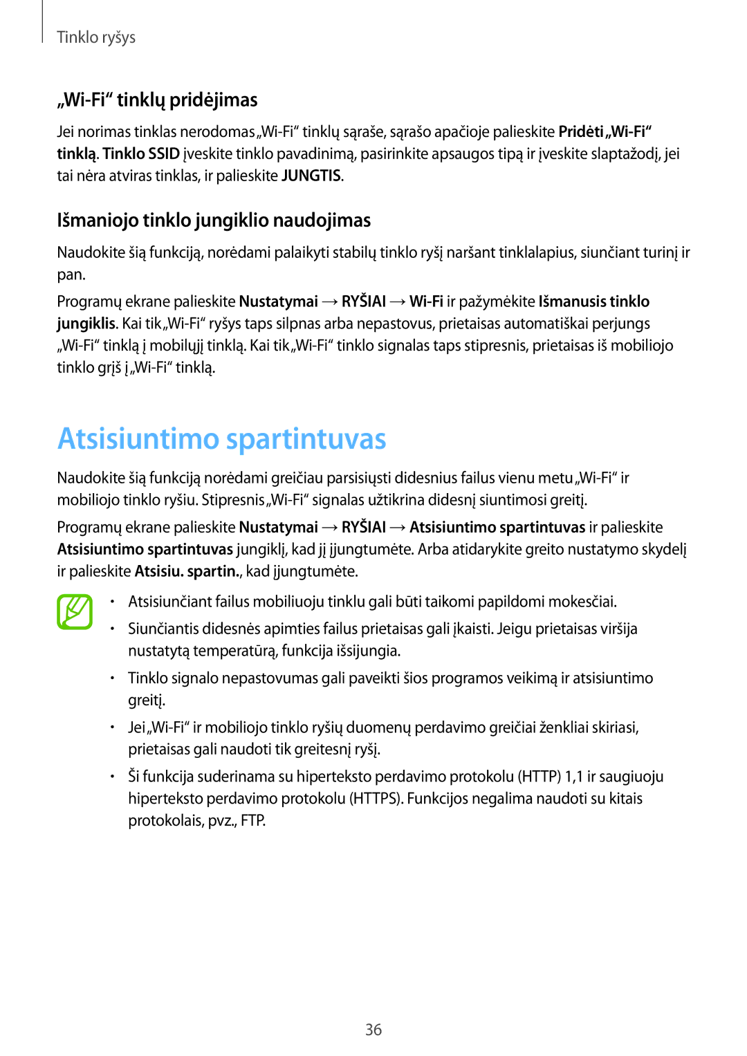 Samsung SM-T805NZWASEB manual Atsisiuntimo spartintuvas, „Wi-Fi tinklų pridėjimas, Išmaniojo tinklo jungiklio naudojimas 