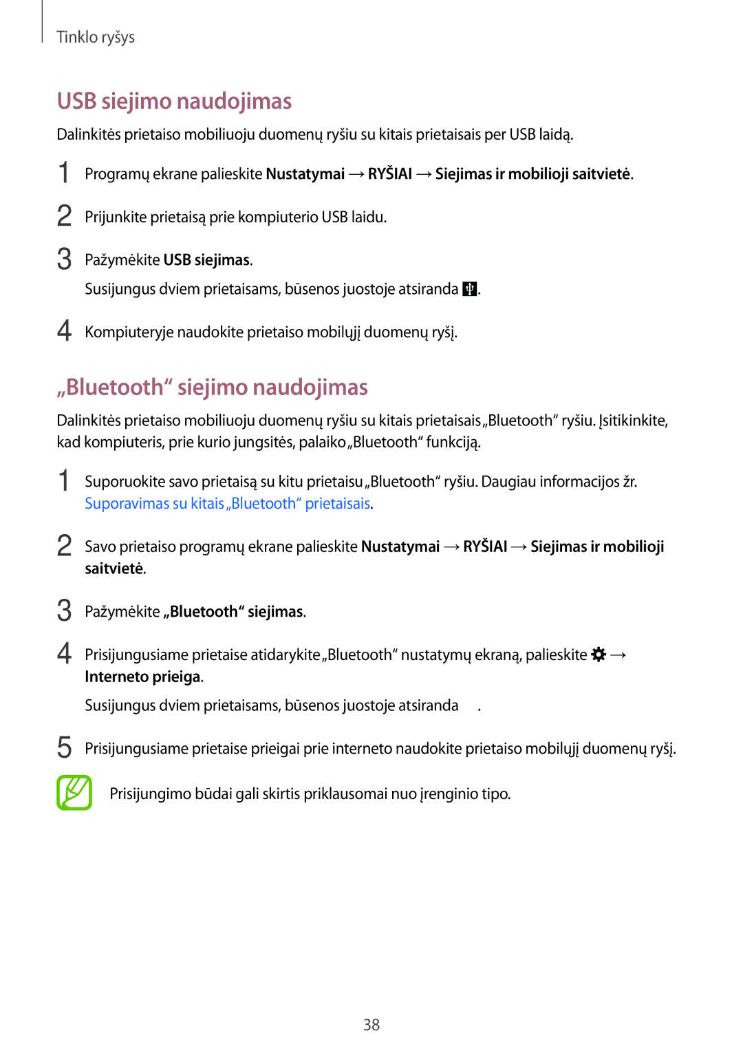 Samsung SM-T805NHAASEB USB siejimo naudojimas, „Bluetooth siejimo naudojimas, Saitvietė Pažymėkite „Bluetooth siejimas 