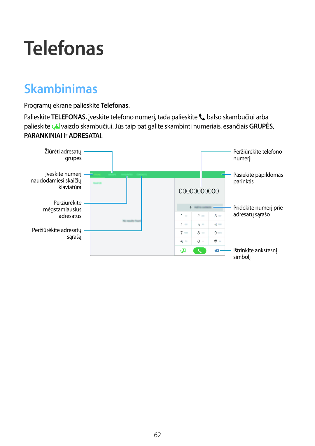 Samsung SM-T805NHAASEB, SM-T805NZWASEB, SM-T805NTSASEB manual Telefonas, Skambinimas 