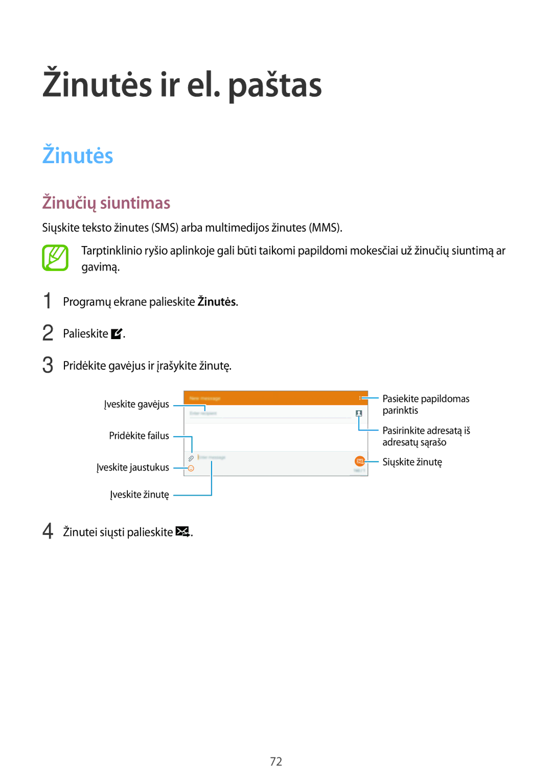 Samsung SM-T805NZWASEB, SM-T805NTSASEB, SM-T805NHAASEB manual Žinutės ir el. paštas, Žinučių siuntimas, Palieskite 