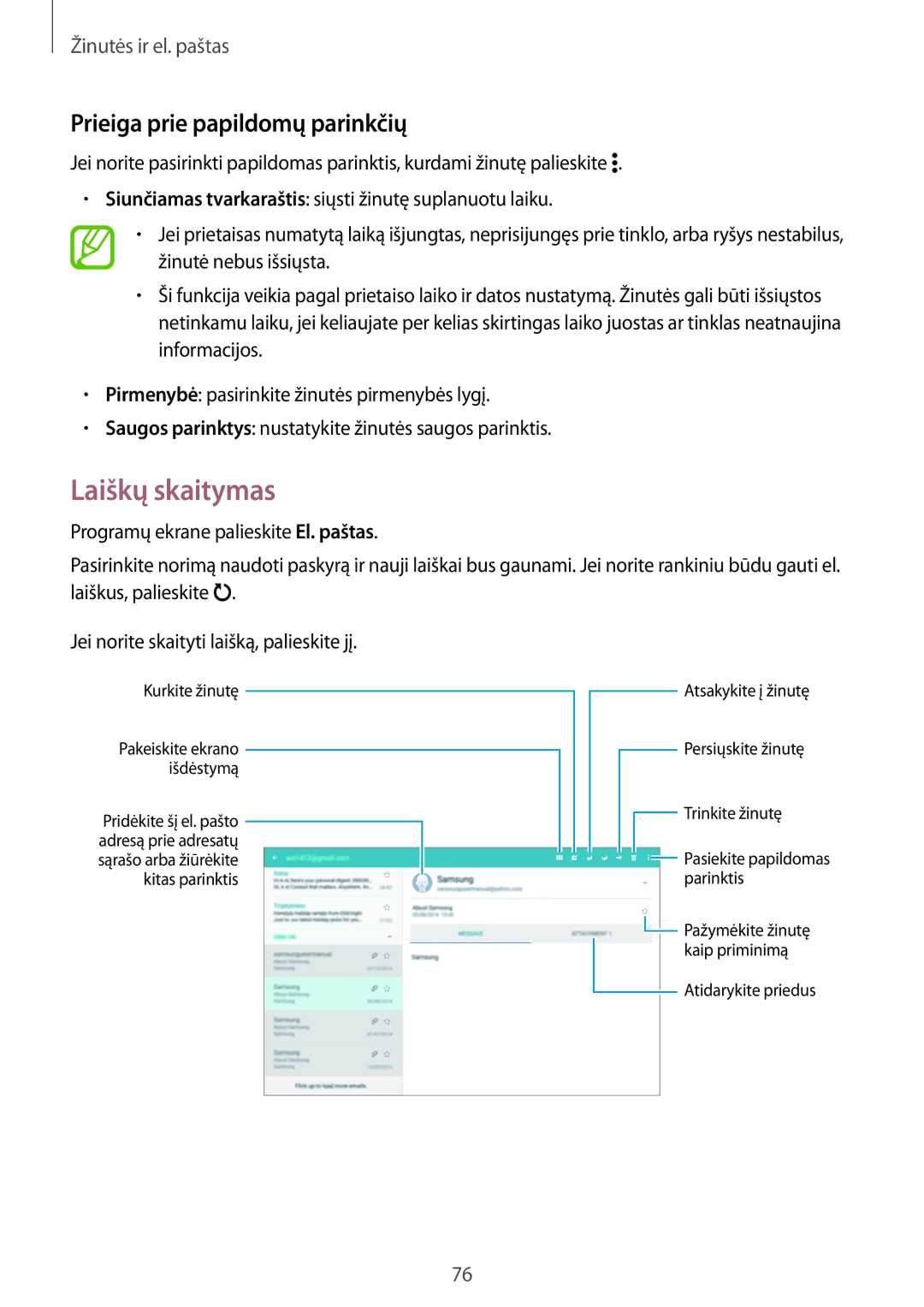 Samsung SM-T805NTSASEB, SM-T805NZWASEB, SM-T805NHAASEB manual Laiškų skaitymas, Prieiga prie papildomų parinkčių 