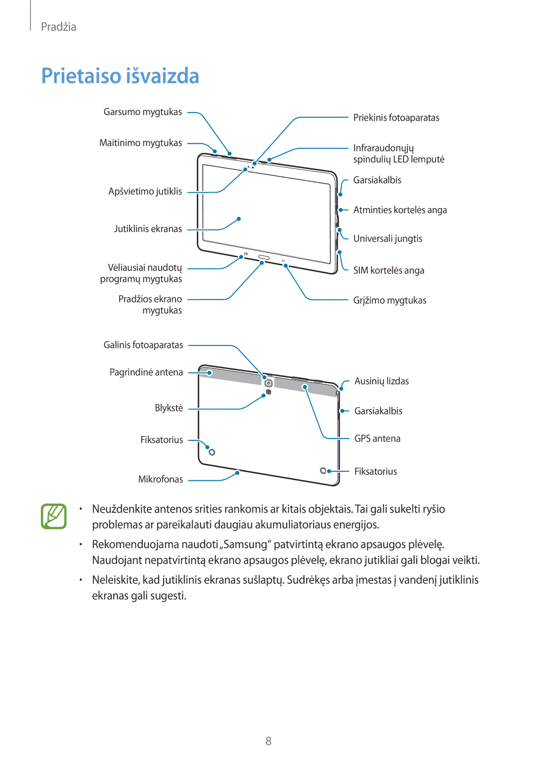 Samsung SM-T805NHAASEB, SM-T805NZWASEB, SM-T805NTSASEB manual Prietaiso išvaizda 