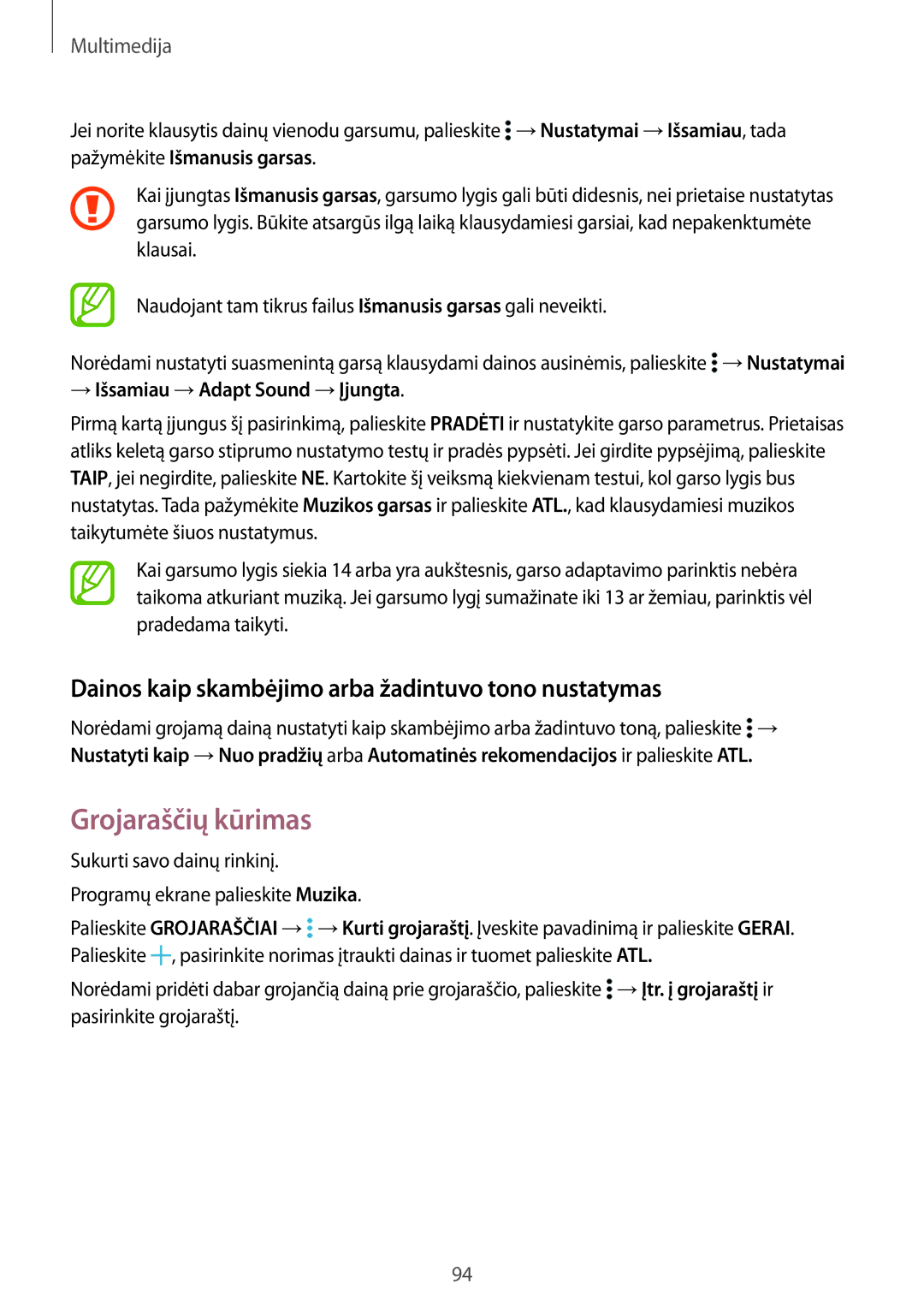 Samsung SM-T805NTSASEB, SM-T805NZWASEB manual Grojaraščių kūrimas, Dainos kaip skambėjimo arba žadintuvo tono nustatymas 