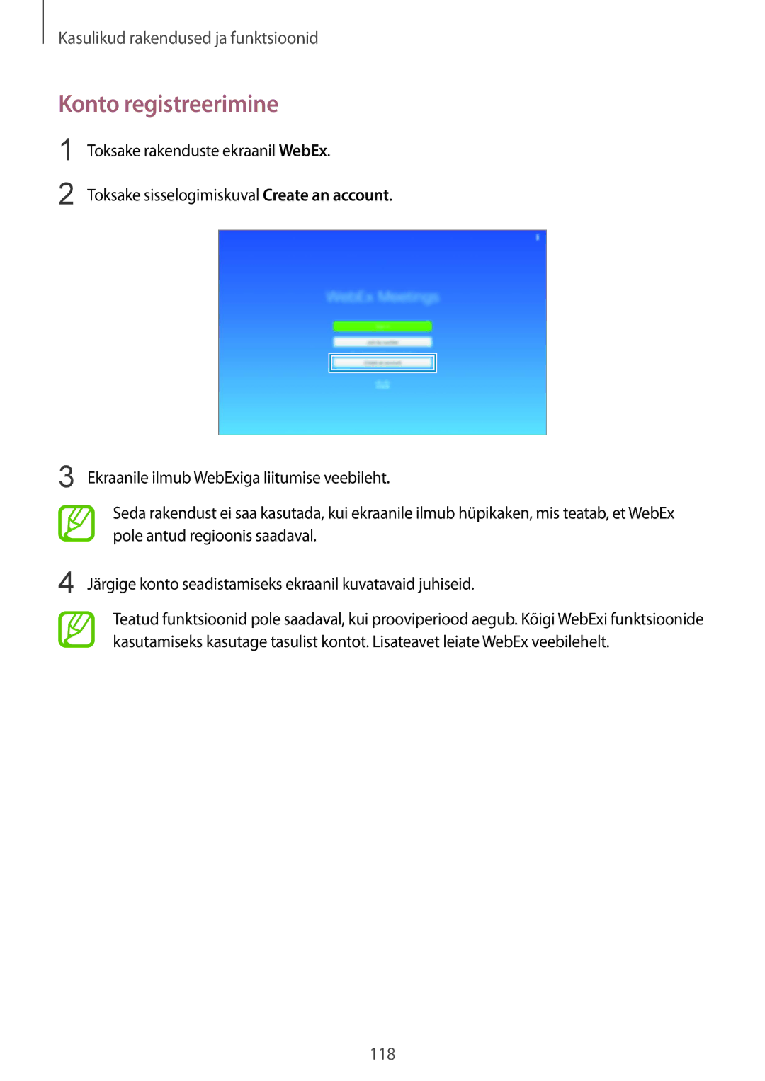 Samsung SM-T805NTSASEB, SM-T805NZWASEB, SM-T805NHAASEB manual Konto registreerimine 