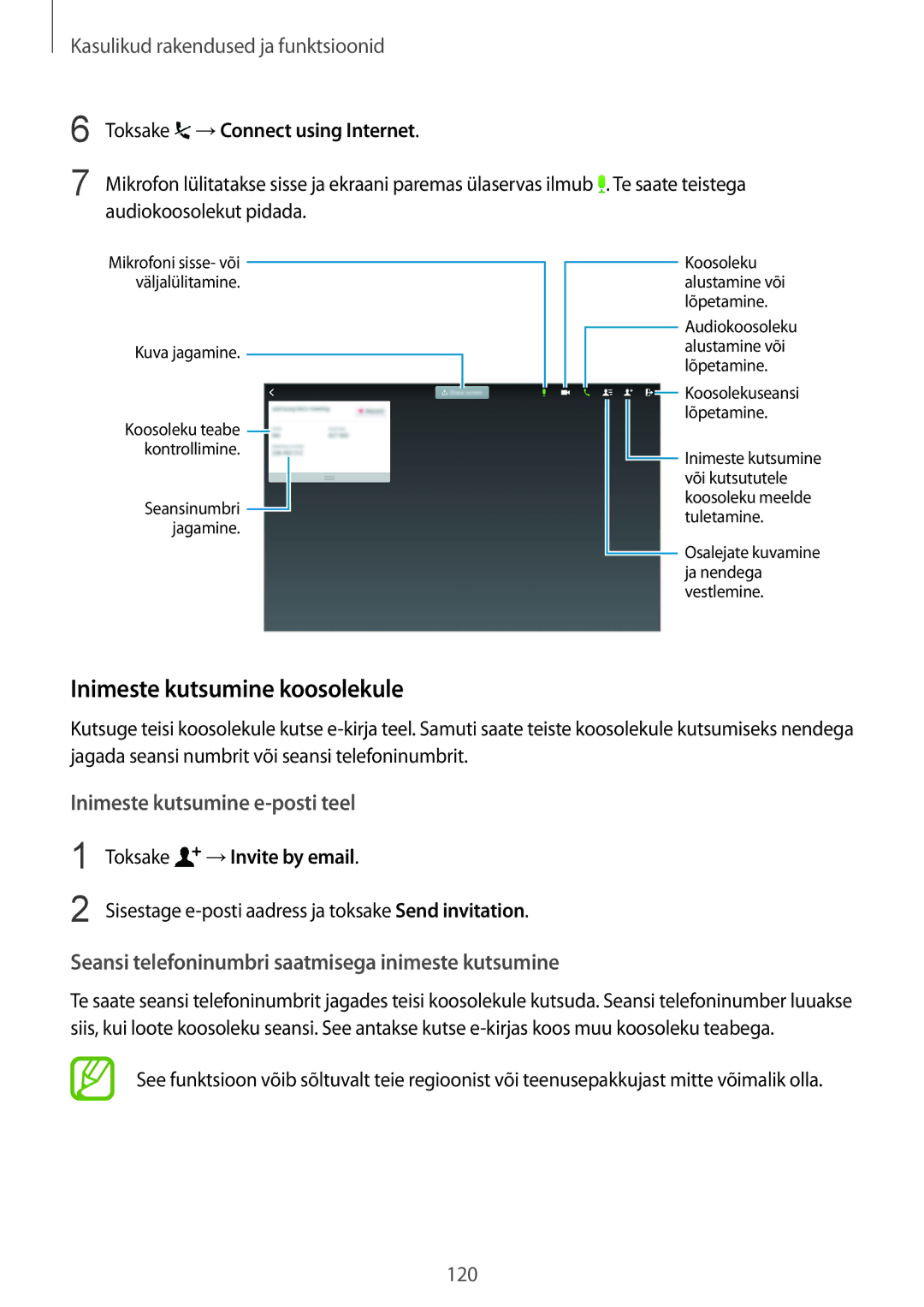 Samsung SM-T805NZWASEB manual Inimeste kutsumine koosolekule, Toksake →Connect using Internet, Toksake →Invite by email 