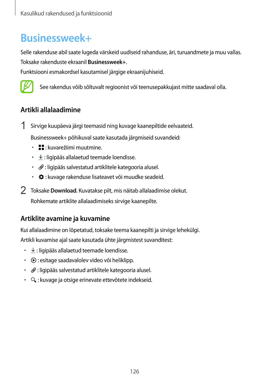 Samsung SM-T805NZWASEB, SM-T805NTSASEB, SM-T805NHAASEB Businessweek+, Artikli allalaadimine, Artiklite avamine ja kuvamine 