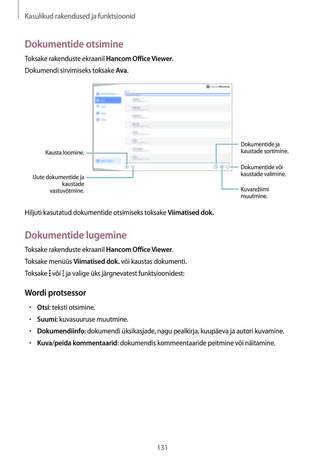 Samsung SM-T805NHAASEB, SM-T805NZWASEB, SM-T805NTSASEB manual Dokumentide otsimine, Dokumentide lugemine, Wordi protsessor 