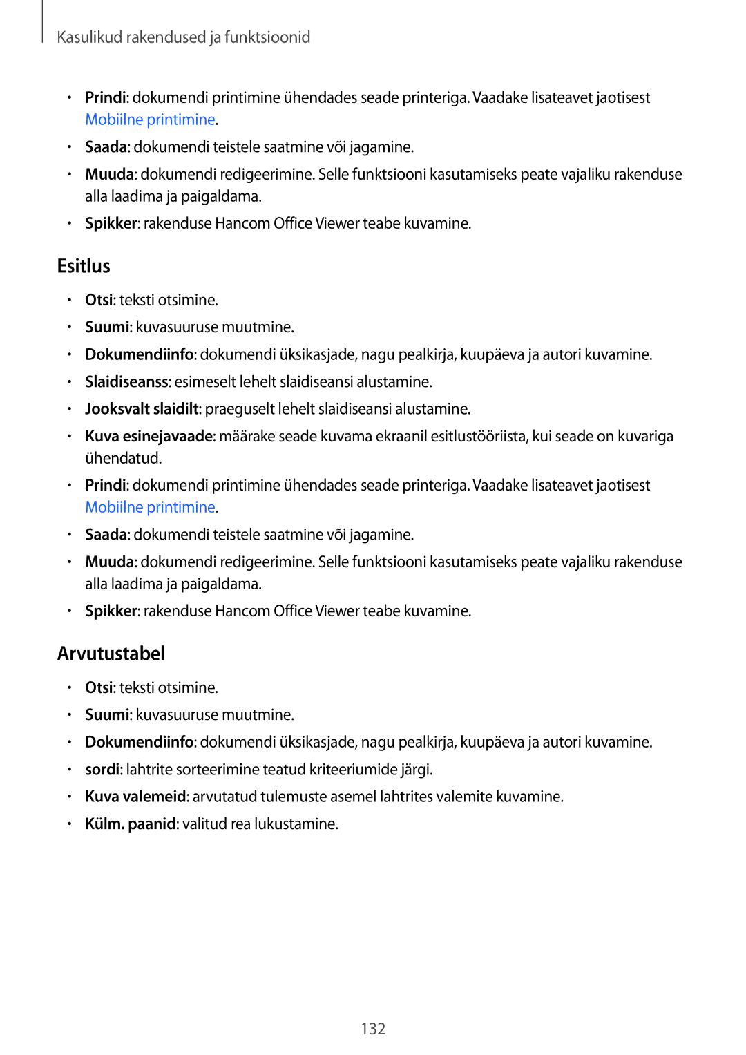 Samsung SM-T805NZWASEB, SM-T805NTSASEB, SM-T805NHAASEB manual Esitlus, Arvutustabel 