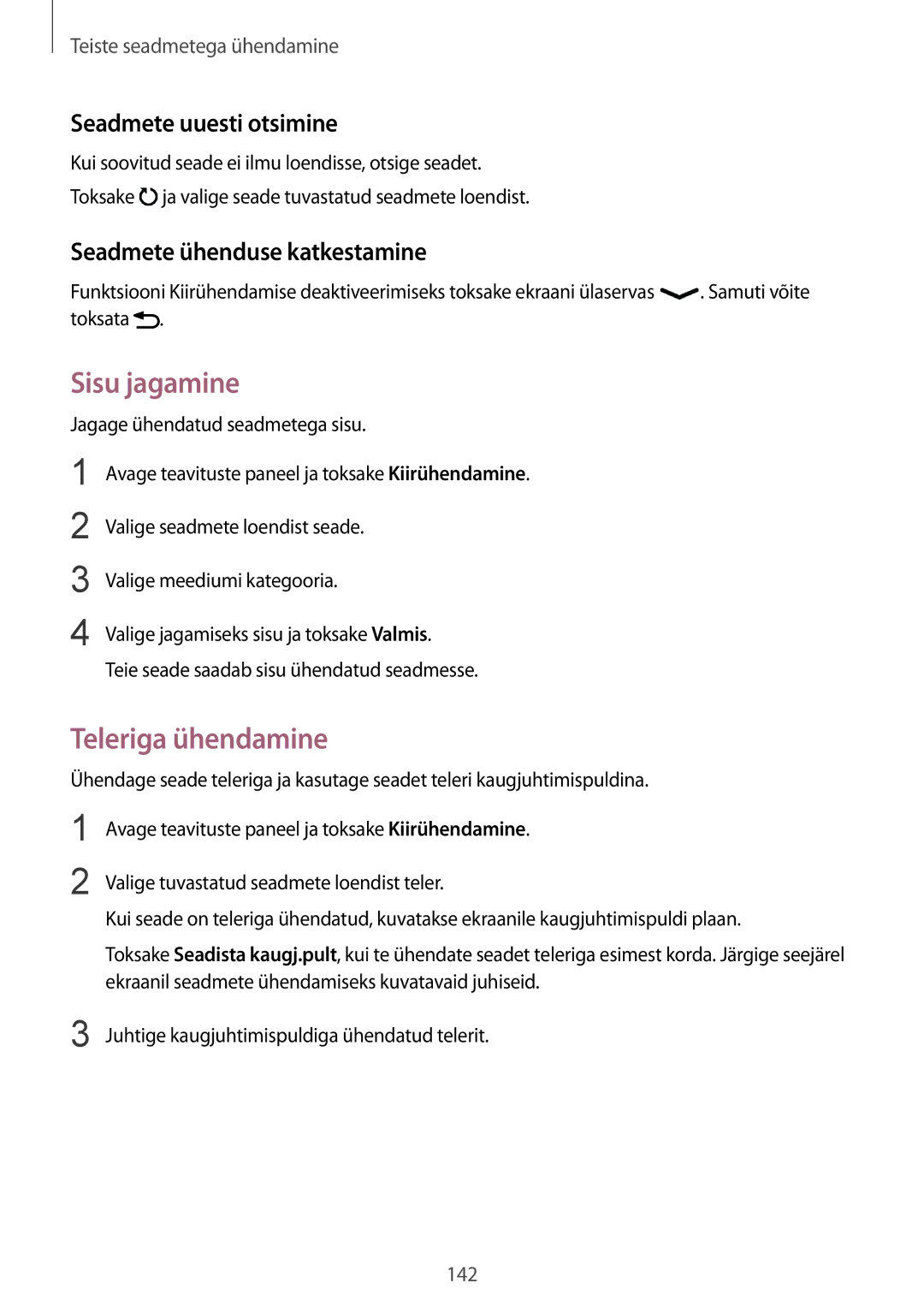 Samsung SM-T805NTSASEB, SM-T805NZWASEB manual Sisu jagamine, Seadmete uuesti otsimine, Seadmete ühenduse katkestamine 