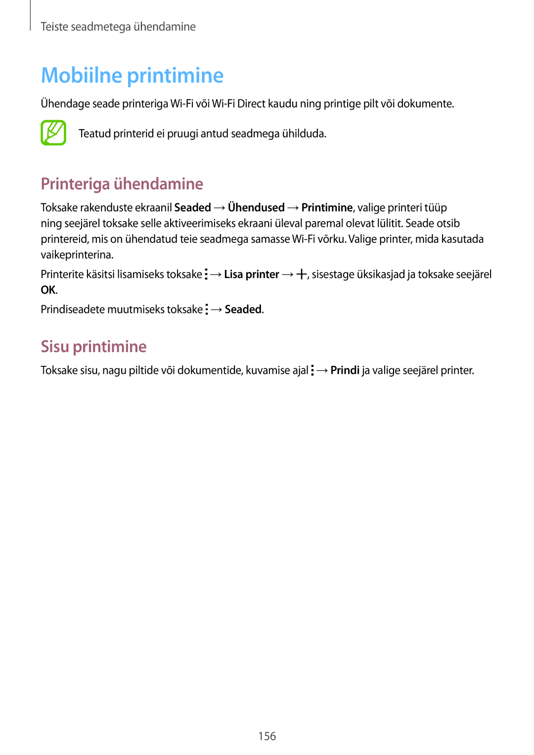 Samsung SM-T805NZWASEB, SM-T805NTSASEB, SM-T805NHAASEB manual Mobiilne printimine, Printeriga ühendamine, Sisu printimine 