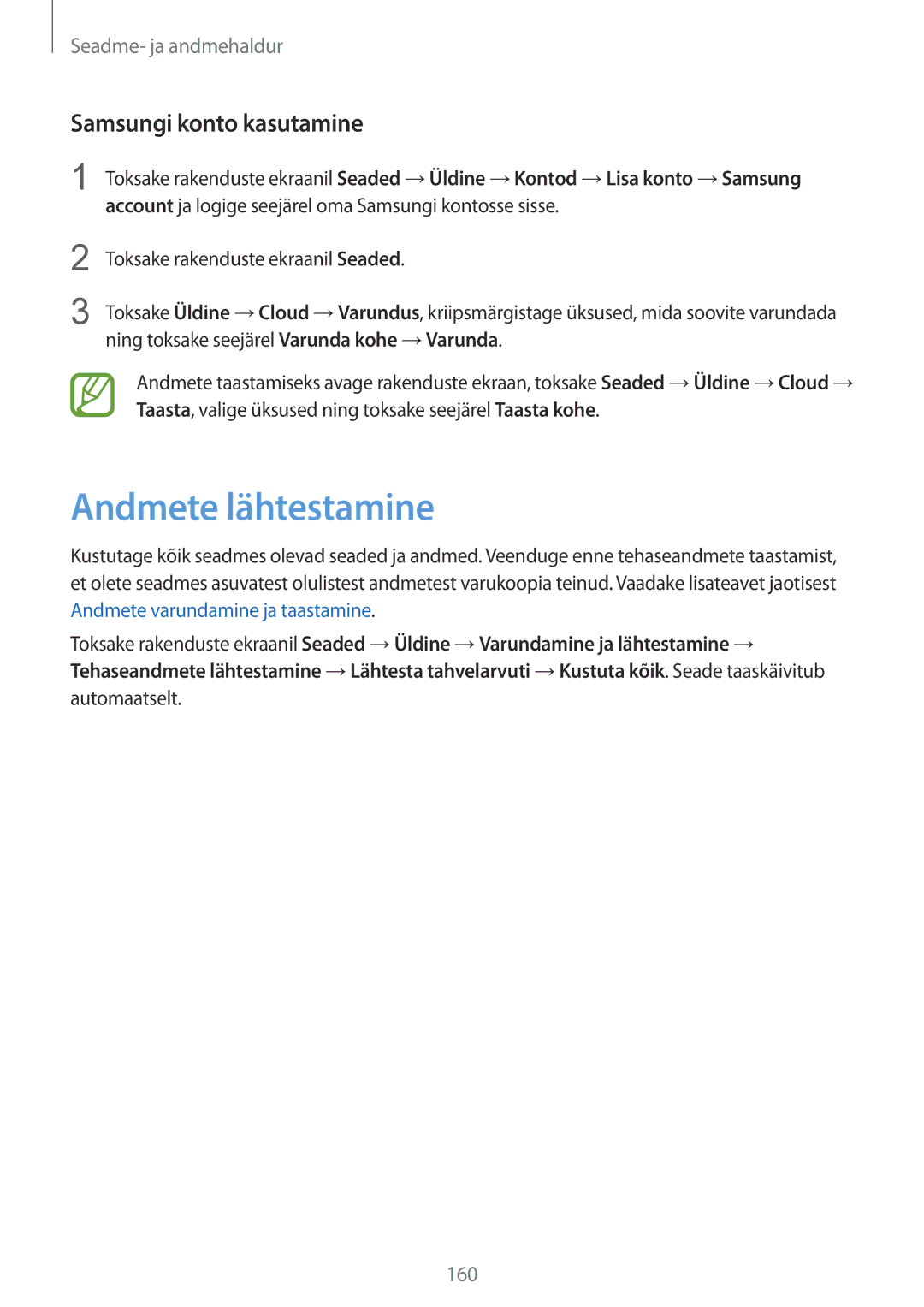 Samsung SM-T805NTSASEB, SM-T805NZWASEB, SM-T805NHAASEB manual Andmete lähtestamine, Samsungi konto kasutamine 