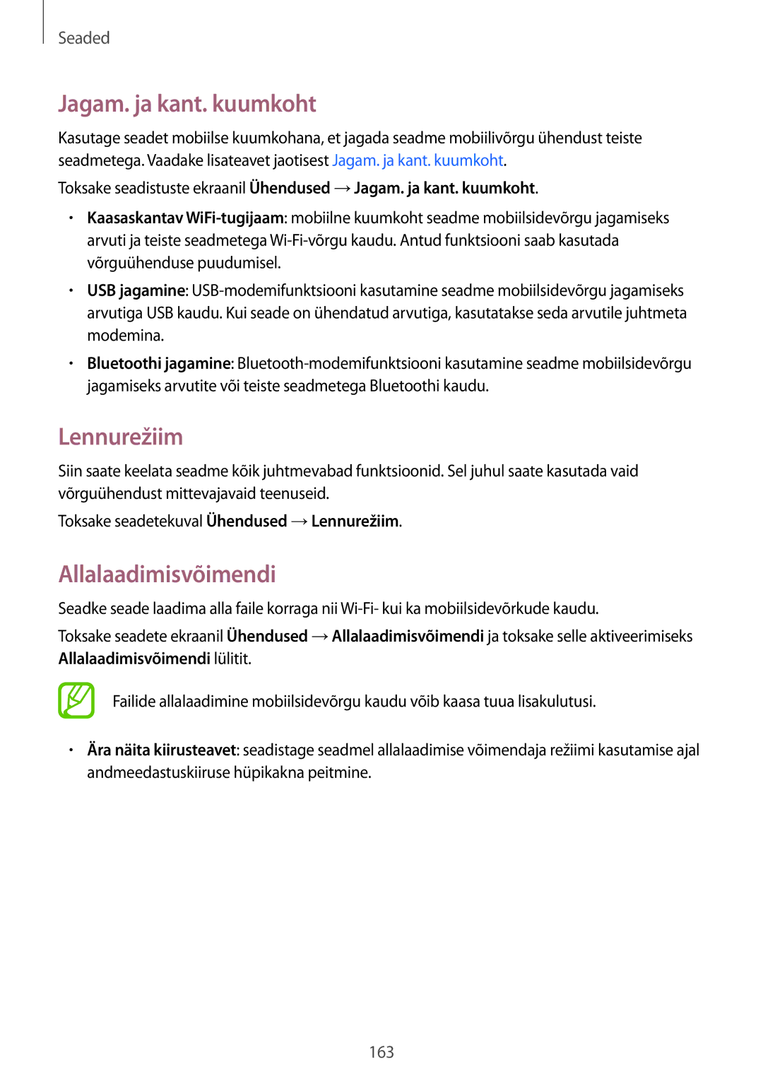 Samsung SM-T805NTSASEB, SM-T805NZWASEB, SM-T805NHAASEB manual Jagam. ja kant. kuumkoht, Lennurežiim, Allalaadimisvõimendi 