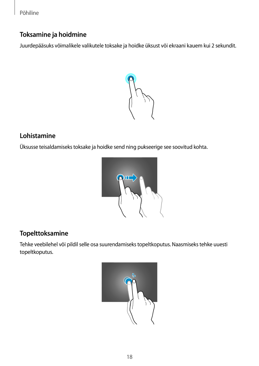 Samsung SM-T805NZWASEB, SM-T805NTSASEB, SM-T805NHAASEB manual Toksamine ja hoidmine, Lohistamine, Topelttoksamine 