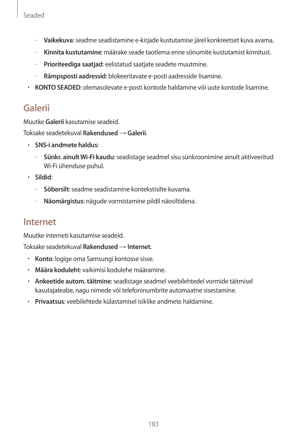 Samsung SM-T805NZWASEB, SM-T805NTSASEB, SM-T805NHAASEB manual Galerii, Internet, SNS-i andmete haldus, Sildid 