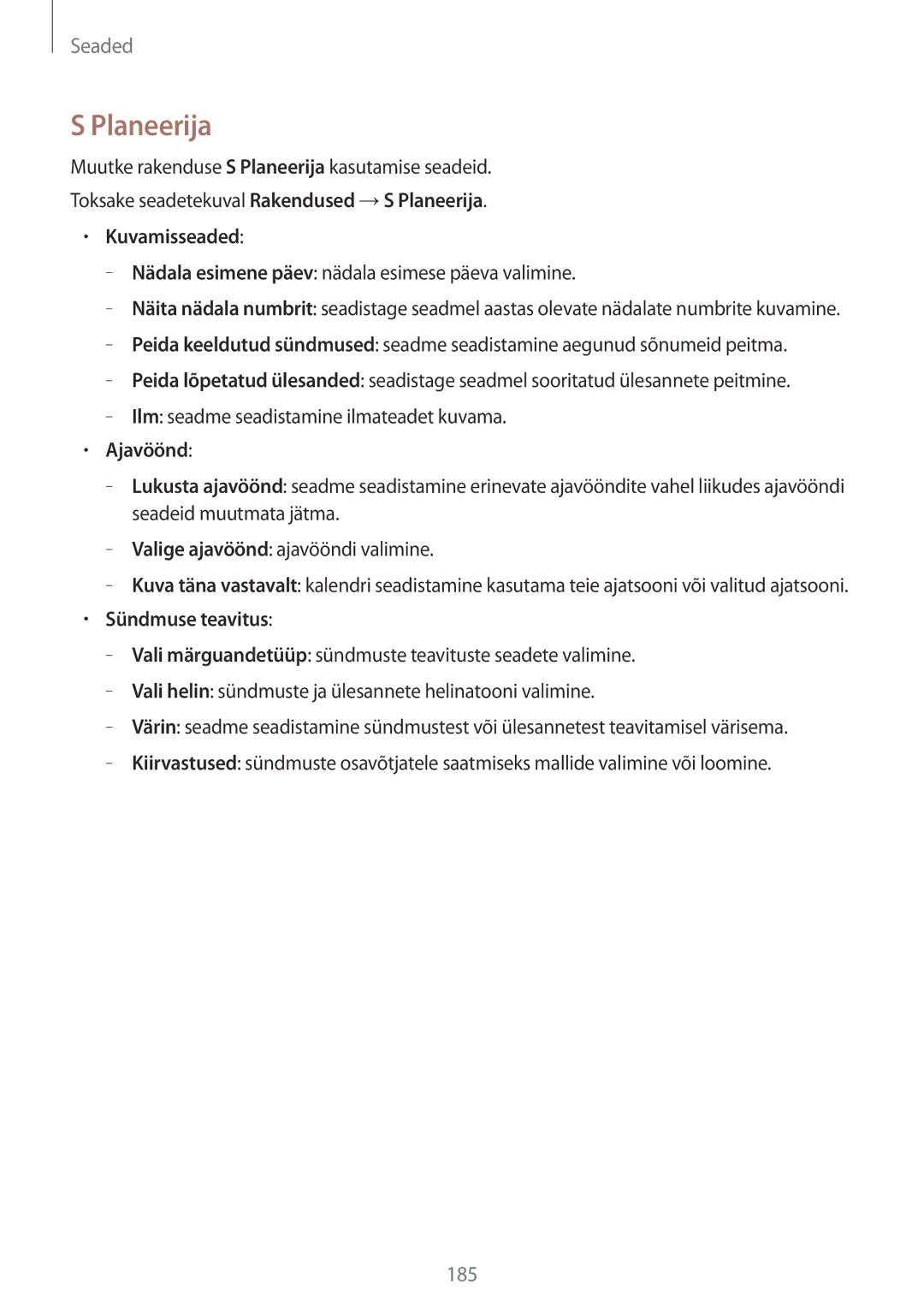 Samsung SM-T805NHAASEB manual Planeerija, Kuvamisseaded, Nädala esimene päev nädala esimese päeva valimine, Ajavöönd 