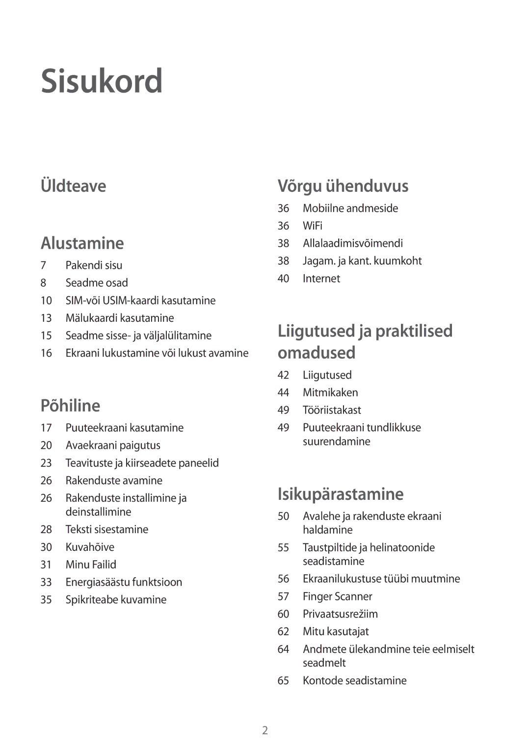 Samsung SM-T805NHAASEB manual Sisukord, Liigutused Mitmikaken 49 Tööriistakast, Avalehe ja rakenduste ekraani haldamine 