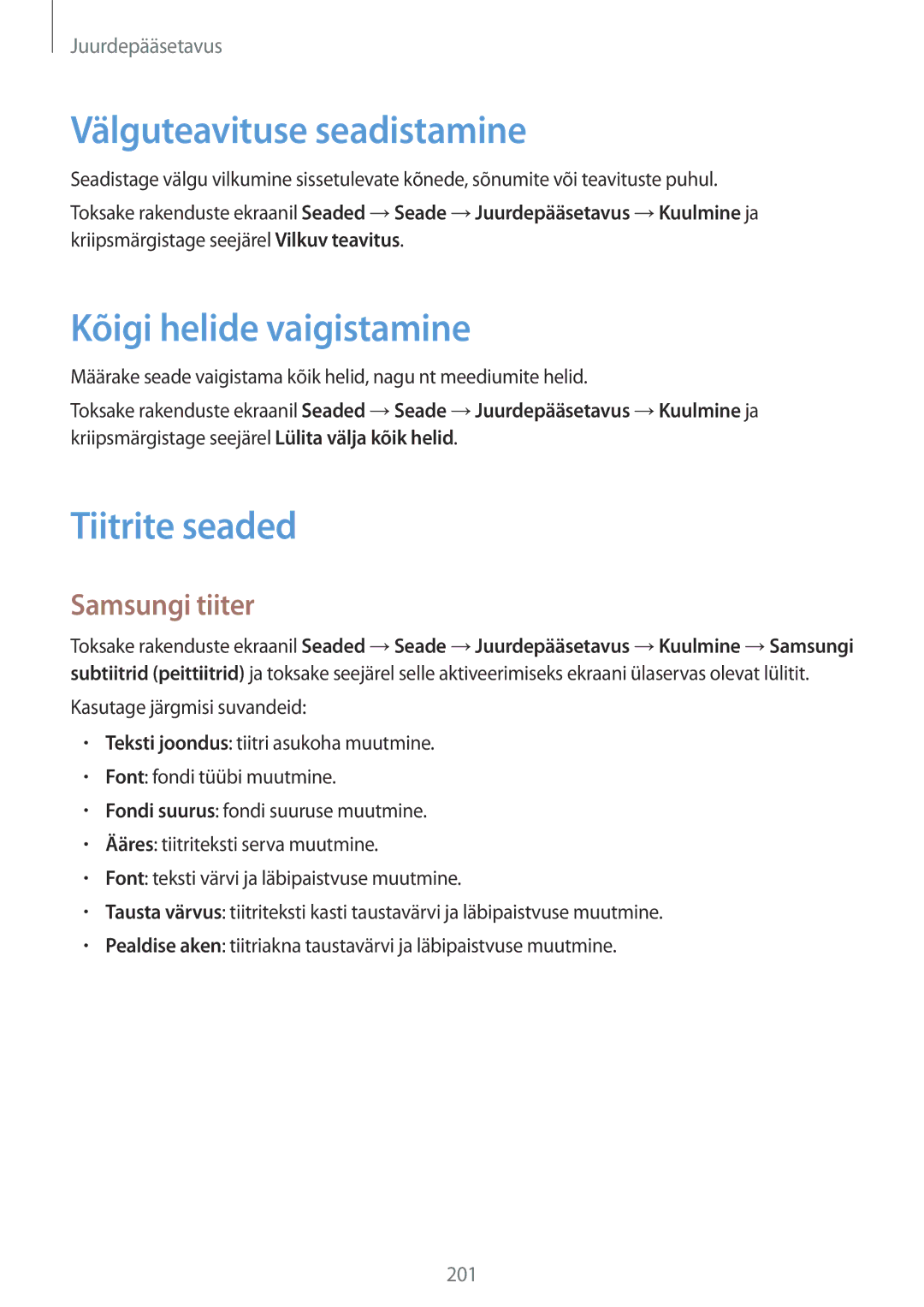 Samsung SM-T805NZWASEB manual Välguteavituse seadistamine, Kõigi helide vaigistamine, Tiitrite seaded, Samsungi tiiter 