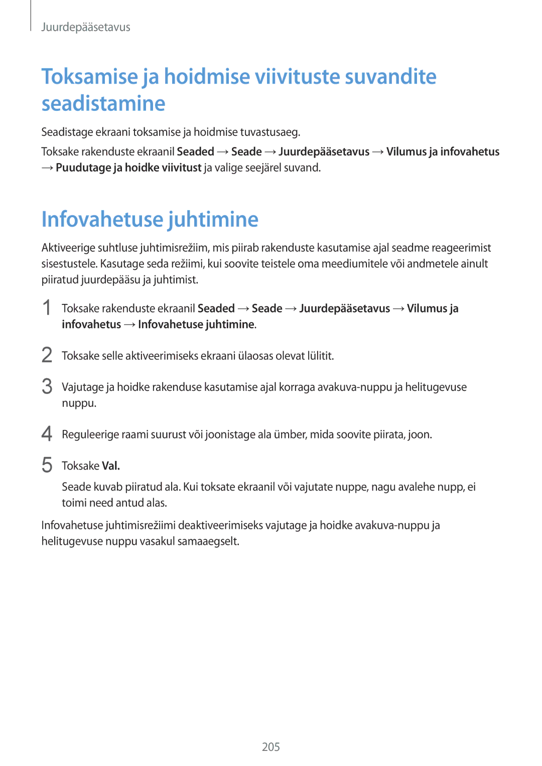 Samsung SM-T805NTSASEB, SM-T805NZWASEB Toksamise ja hoidmise viivituste suvandite seadistamine, Infovahetuse juhtimine 