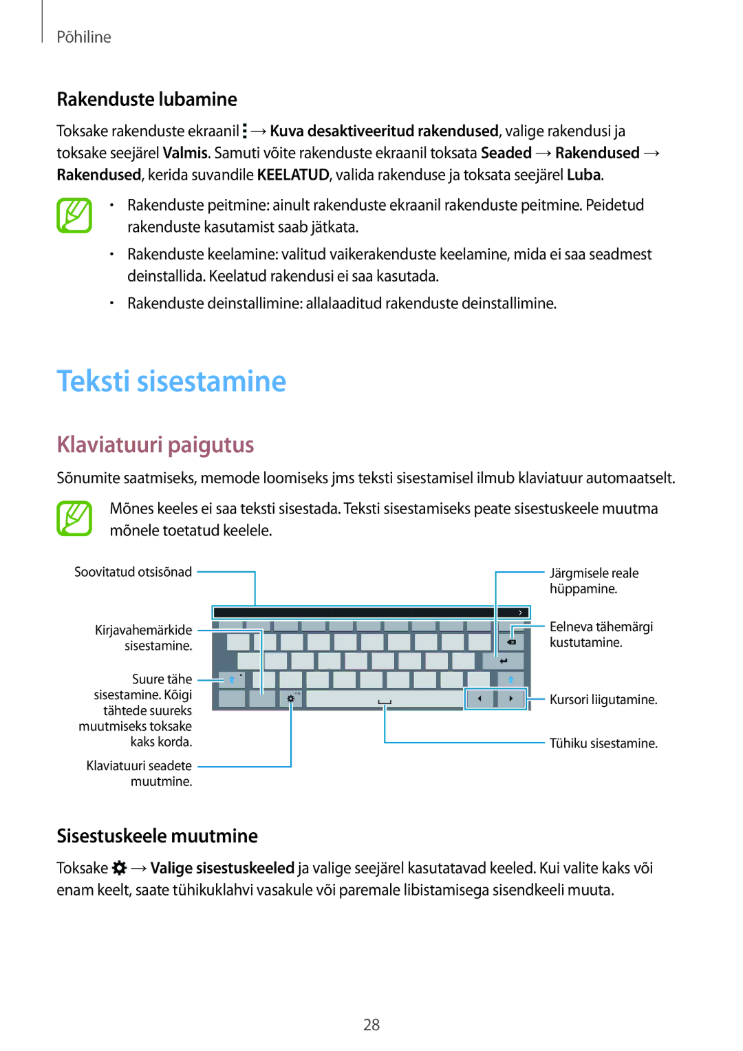 Samsung SM-T805NTSASEB manual Teksti sisestamine, Klaviatuuri paigutus, Rakenduste lubamine, Sisestuskeele muutmine 