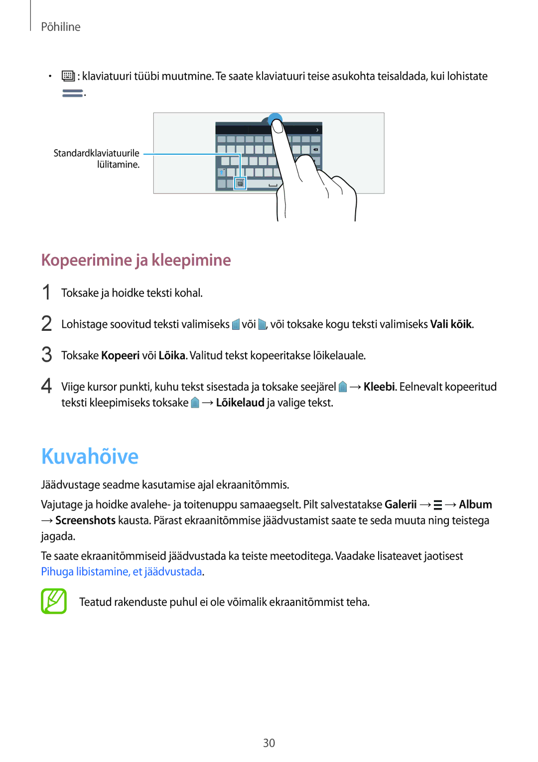 Samsung SM-T805NZWASEB, SM-T805NTSASEB, SM-T805NHAASEB Kuvahõive, Kopeerimine ja kleepimine, Toksake ja hoidke teksti kohal 