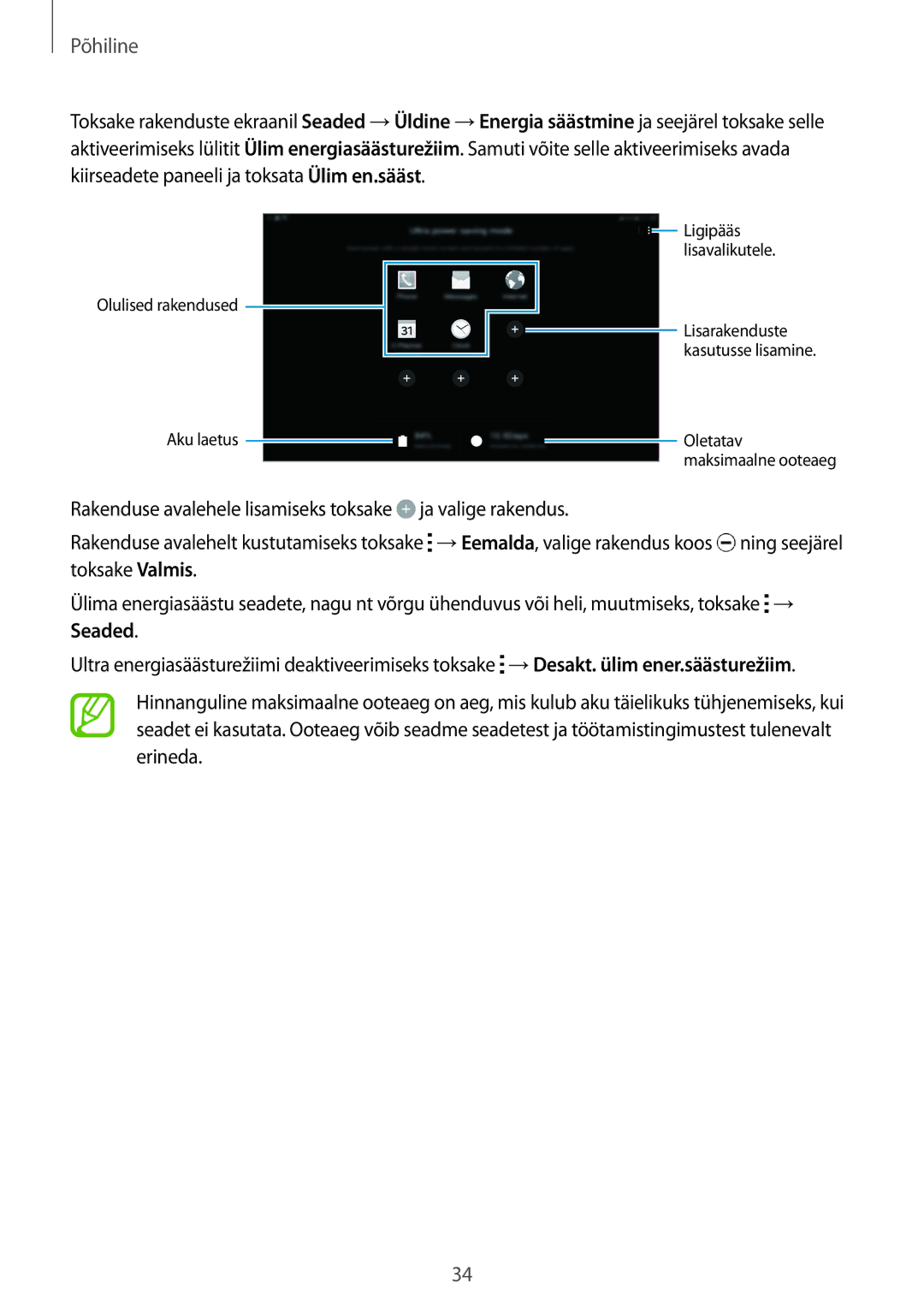 Samsung SM-T805NTSASEB, SM-T805NZWASEB, SM-T805NHAASEB manual Olulised rakendused Aku laetus 