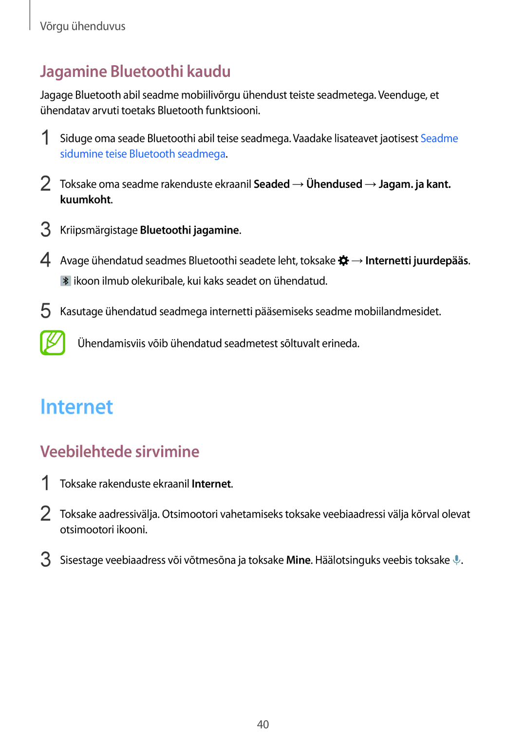 Samsung SM-T805NTSASEB, SM-T805NZWASEB, SM-T805NHAASEB manual Internet, Jagamine Bluetoothi kaudu, Veebilehtede sirvimine 