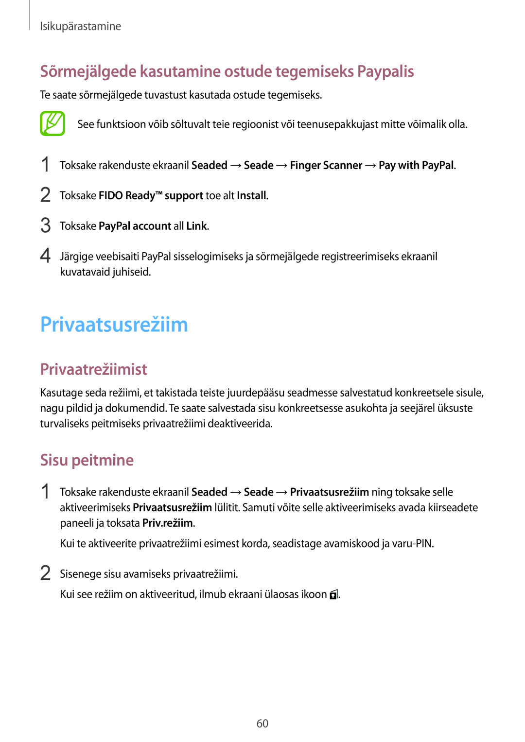 Samsung SM-T805NZWASEB manual Privaatsusrežiim, Sõrmejälgede kasutamine ostude tegemiseks Paypalis, Privaatrežiimist 