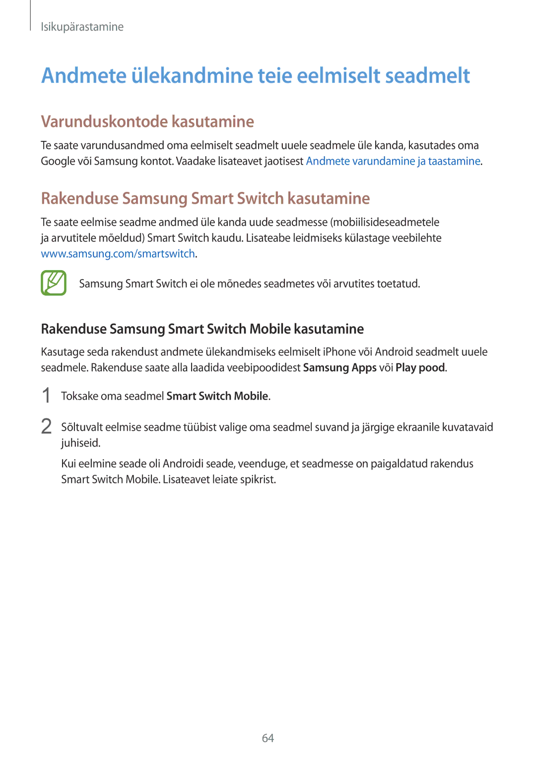 Samsung SM-T805NTSASEB, SM-T805NZWASEB manual Varunduskontode kasutamine, Rakenduse Samsung Smart Switch kasutamine 