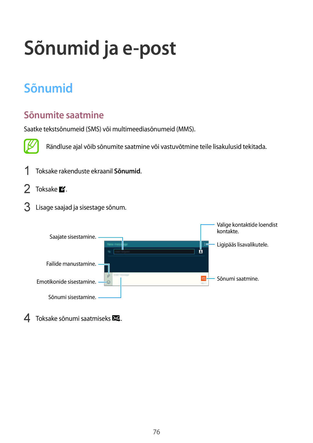 Samsung SM-T805NTSASEB, SM-T805NZWASEB, SM-T805NHAASEB manual Sõnumid ja e-post, Sõnumite saatmine, Toksake sõnumi saatmiseks 