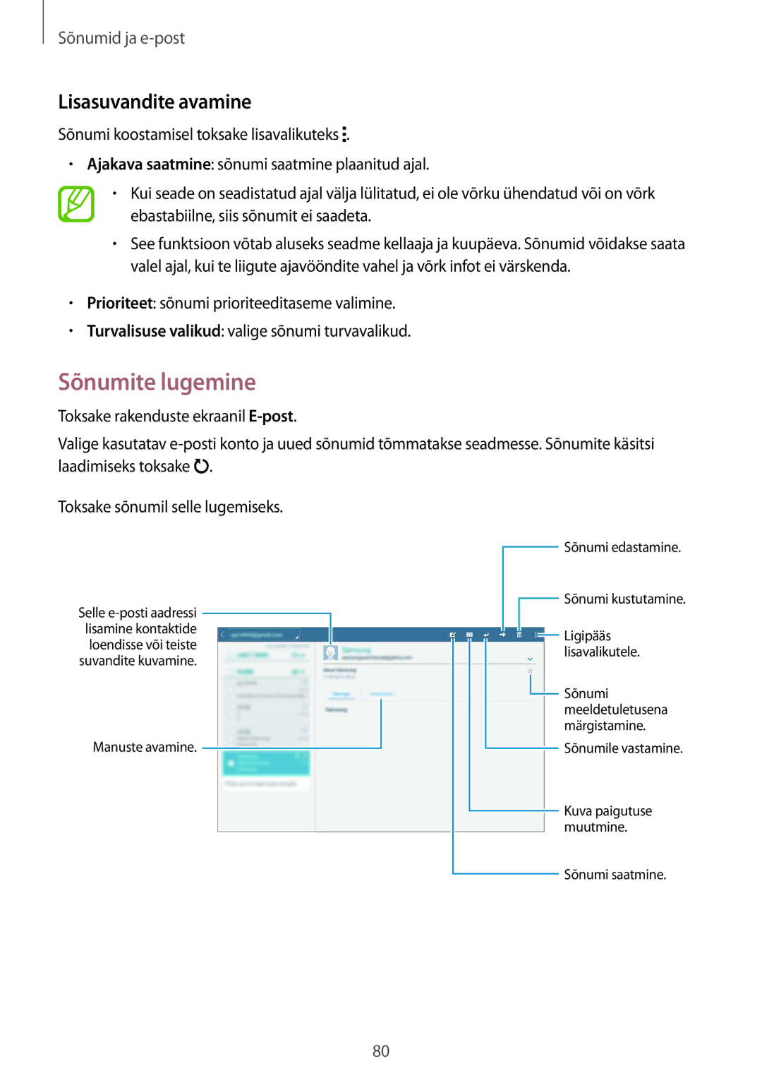 Samsung SM-T805NHAASEB, SM-T805NZWASEB, SM-T805NTSASEB manual Sõnumite lugemine, Lisasuvandite avamine 