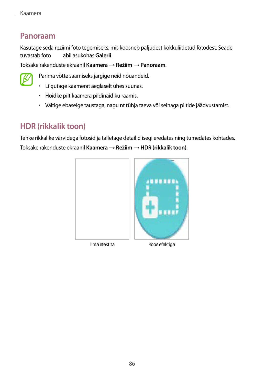 Samsung SM-T805NHAASEB, SM-T805NZWASEB, SM-T805NTSASEB manual Panoraam, HDR rikkalik toon 