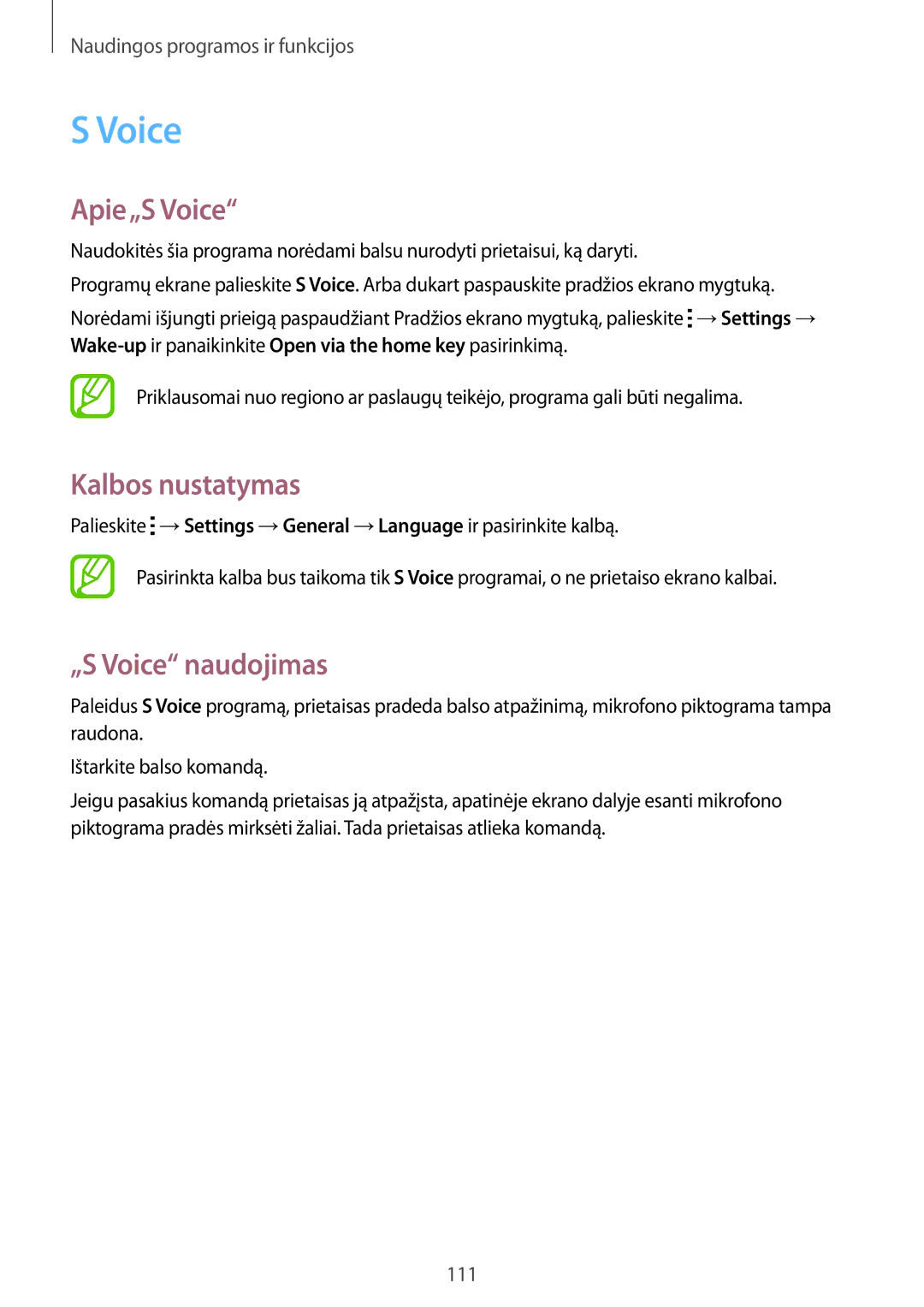 Samsung SM-T805NZWASEB, SM-T805NTSASEB, SM-T805NHAASEB manual Apie„S Voice, Kalbos nustatymas, „S Voice naudojimas 