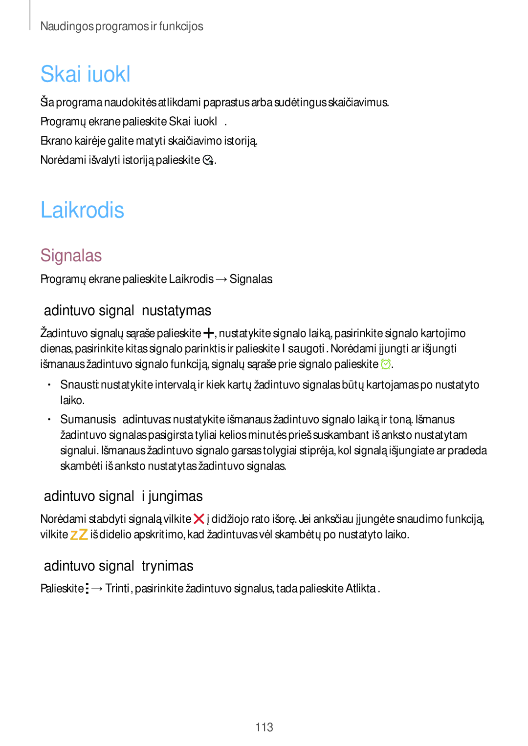 Samsung SM-T805NHAASEB, SM-T805NZWASEB, SM-T805NTSASEB manual Skaičiuoklė, Laikrodis, Signalas 